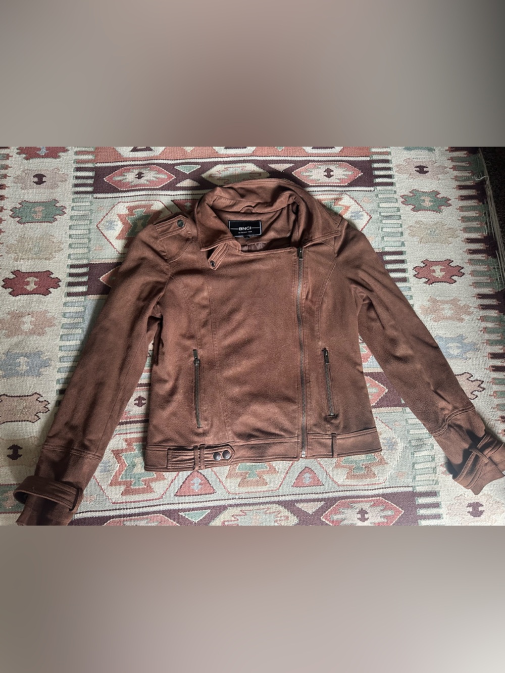 BNCI Brown Suede-Style Moto Jacket with Asymmetric Zip. Size M.